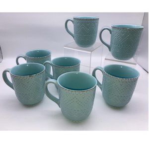 Set of 7 Pfaltzgraff Stoneware Remembrance Teal Mugs Discontinued